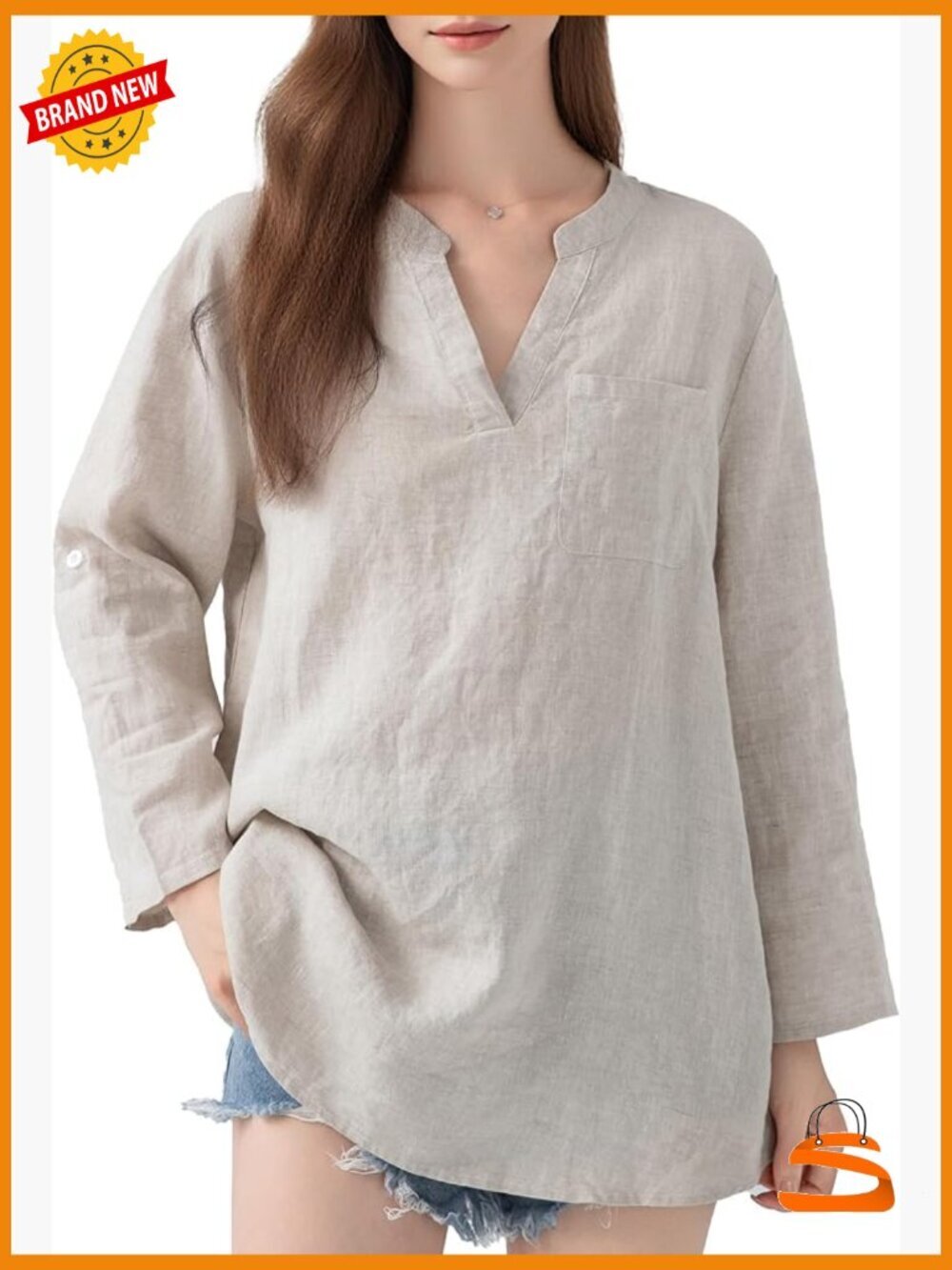 Women's 100% Linen V-Neck 3/4 Sleeve Blouse with Chest Pocket